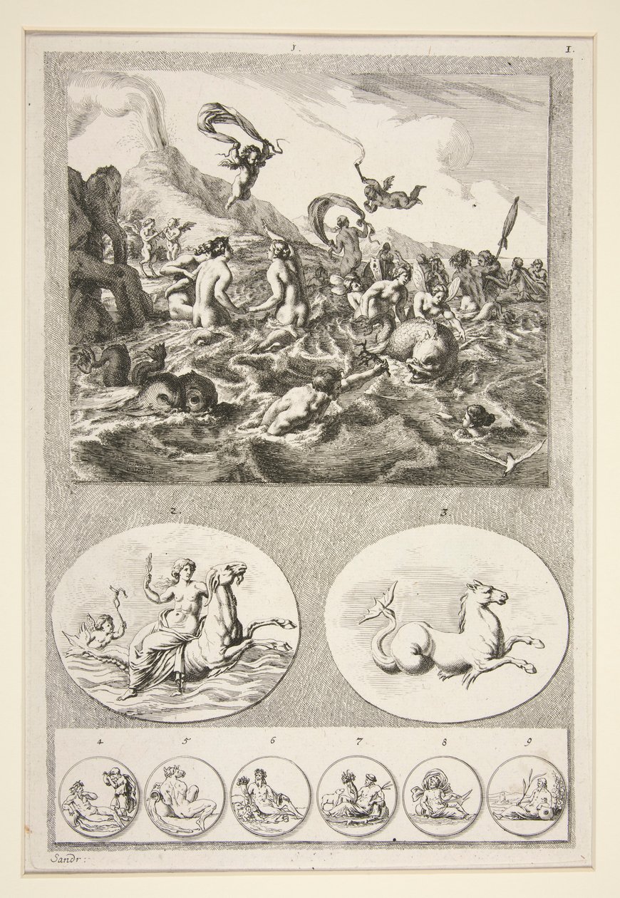 Parte superiore: Nereidi che giocano Parte inferiore: Due rilievi e sei monete da Joachim von Sandrart