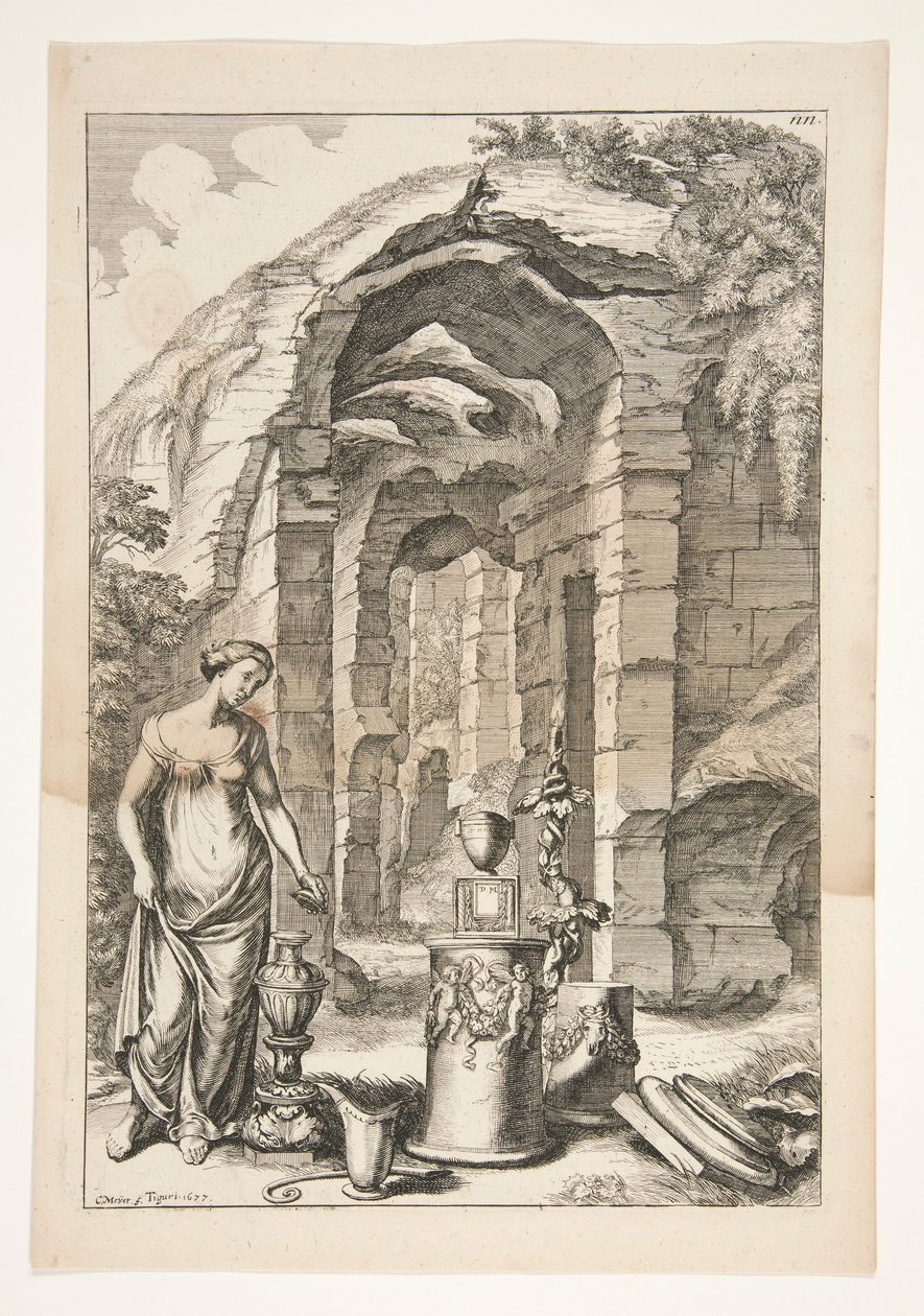 Donna in abito antico con urne, piedistalli e rovine da Joachim von Sandrart