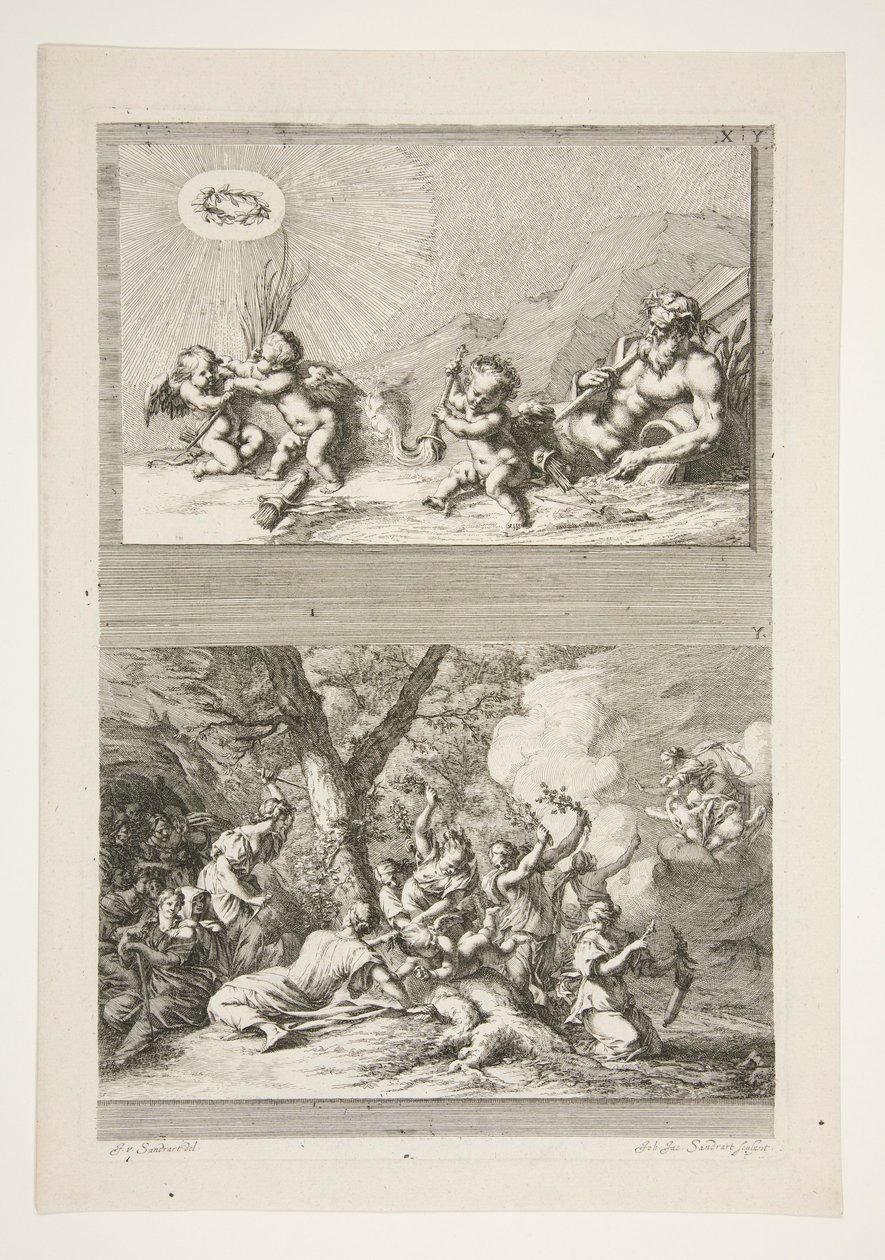 metà superiore: Un dio del fiume e putti che giocano con i simboli della fama metà inferiore: La punizione di Cupido da Joachim von Sandrart