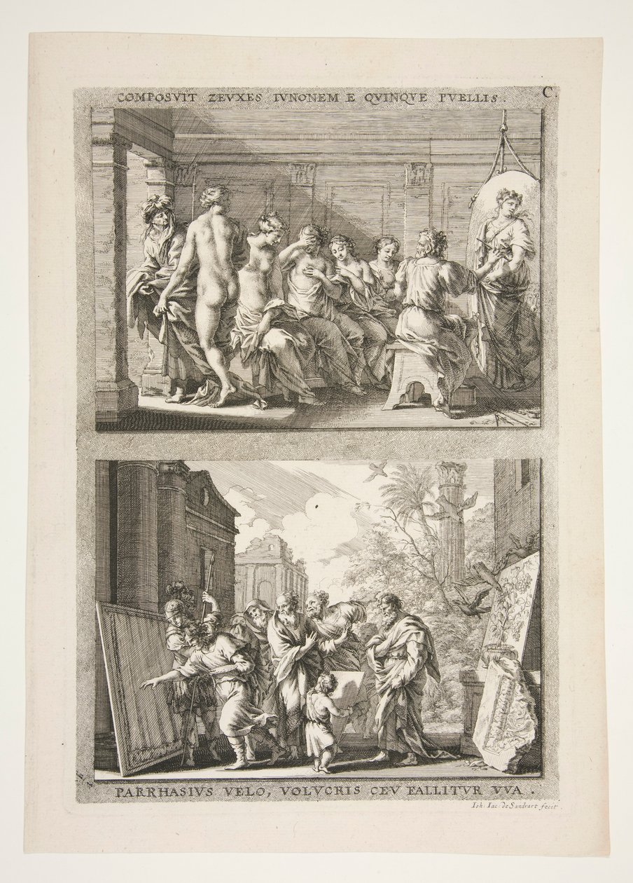 metà superiore: COMPOSIT ZEUXES IUNONEM E QUINQUE PUELLIS metà inferiore: PARRHASIUS VELO, VOLVCRIS CEV FALLITOR VUA da Joachim von Sandrart