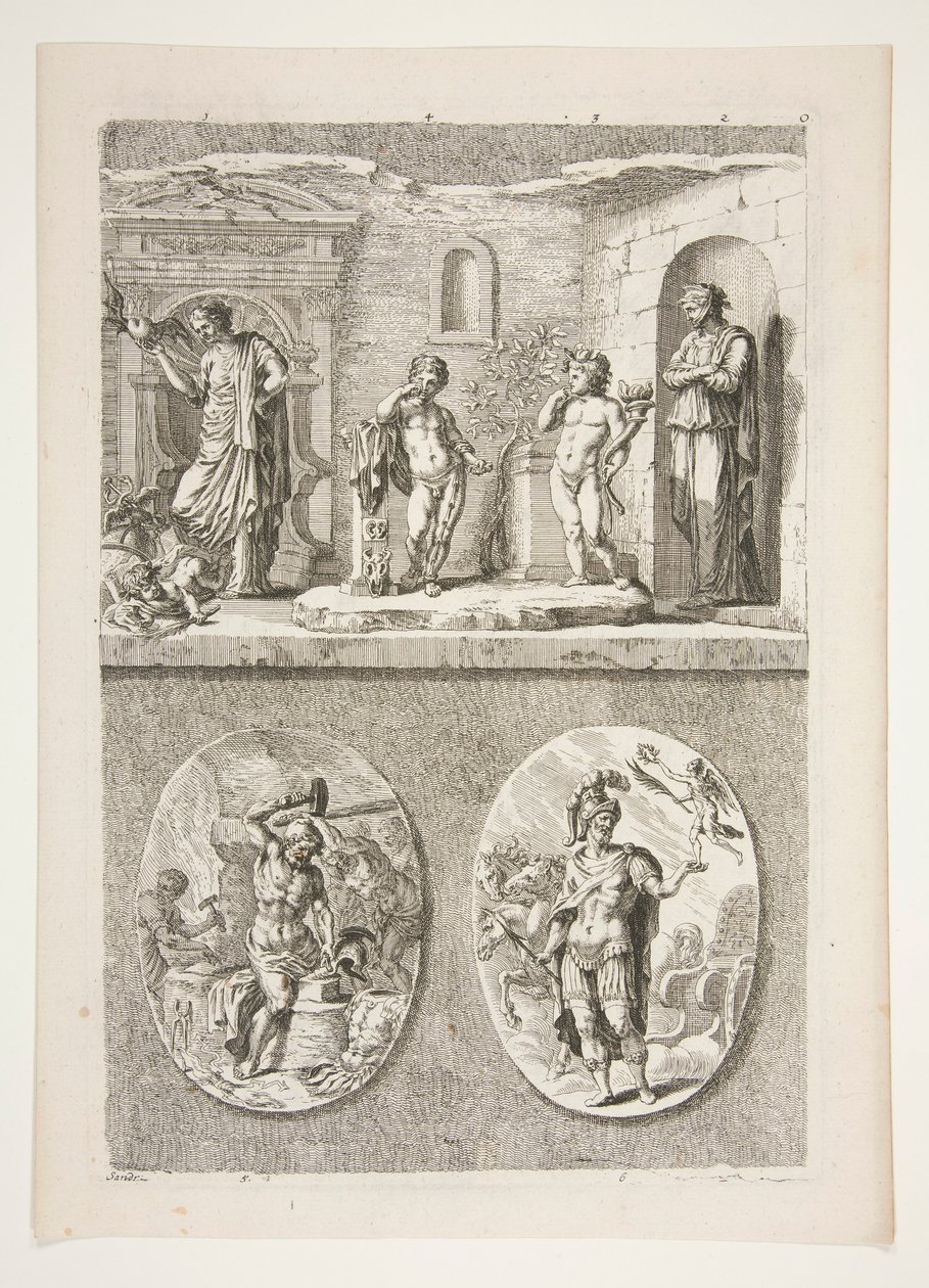 parte superiore: Quattro statue antiche parte inferiore: Fucina di Vulcano e Un generale romano vittorioso da Joachim von Sandrart