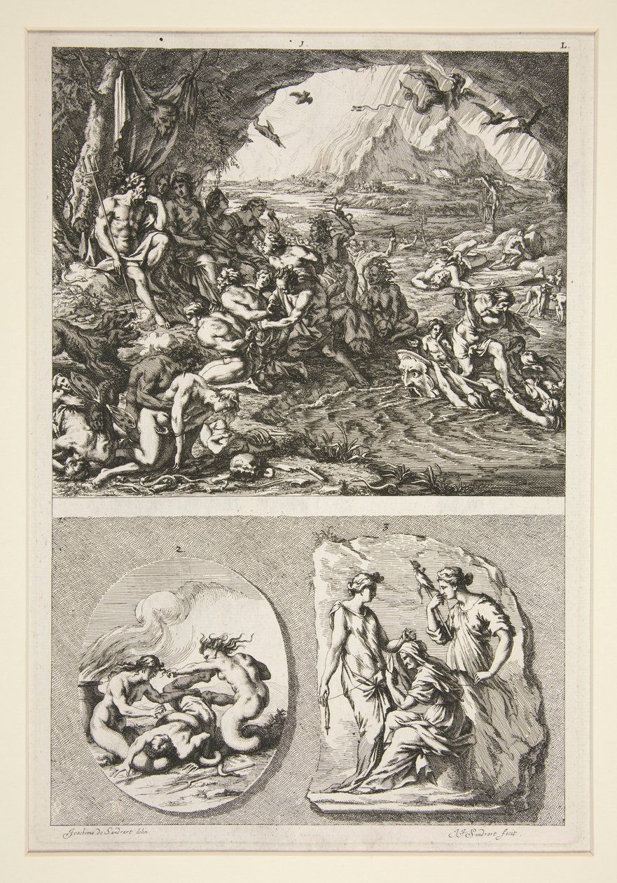 parte superiore: Quos Ego? parte inferiore: Due rilievi antichi: Le tre Parche e un soggetto sconosciuto da Joachim von Sandrart