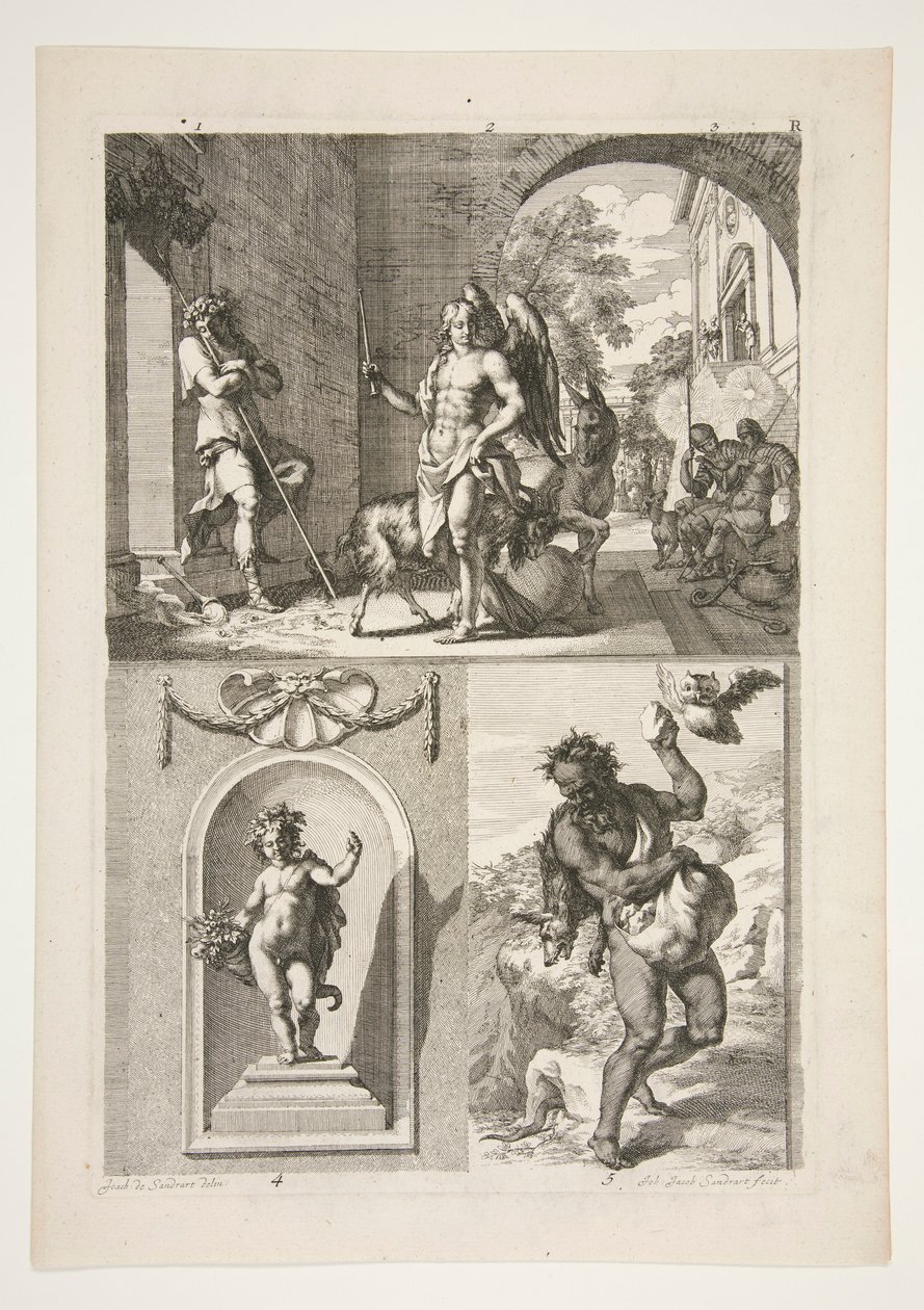 metà superiore: Soggetto religioso sconosciuto metà inferiore: Una statua di putto in una nicchia e una statua di fauno in un paesaggio da Joachim von Sandrart