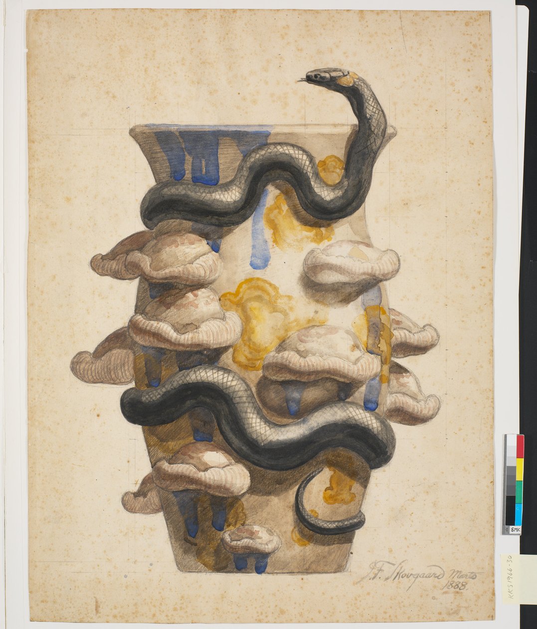 Bozzetto per vaso decorato con serpente e funghi in rilievo da Joakim Frederik Skovgaard