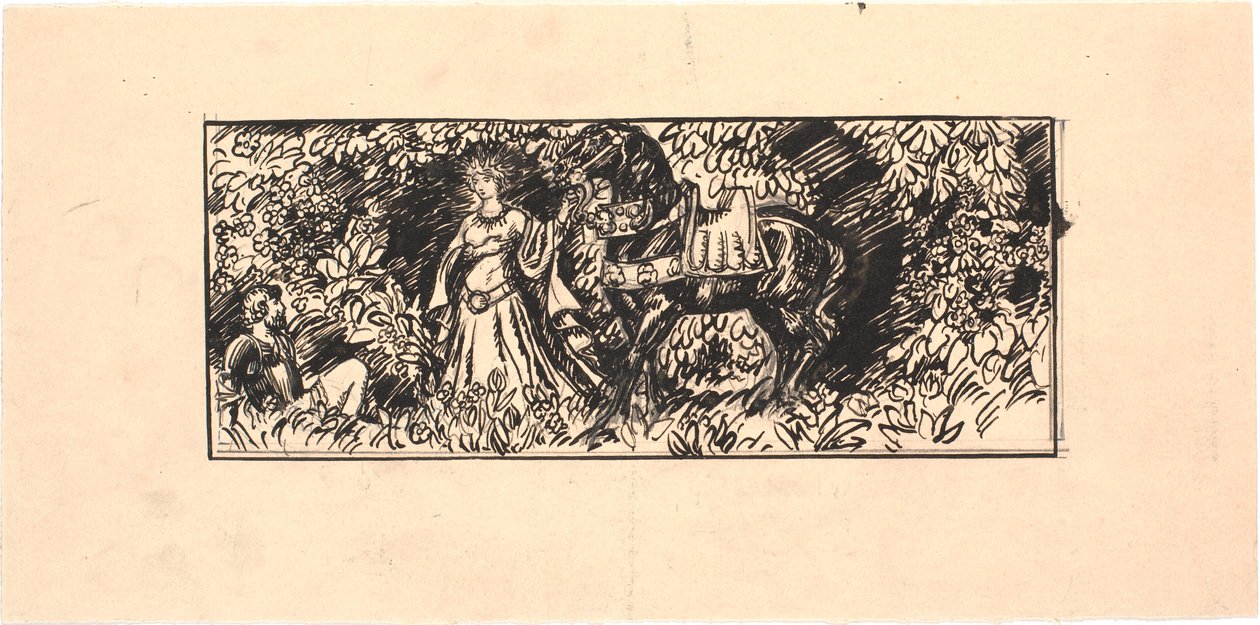 Principessa conduce cavallo nero a cavaliere seduto nel bosco da Joakim Frederik Skovgaard
