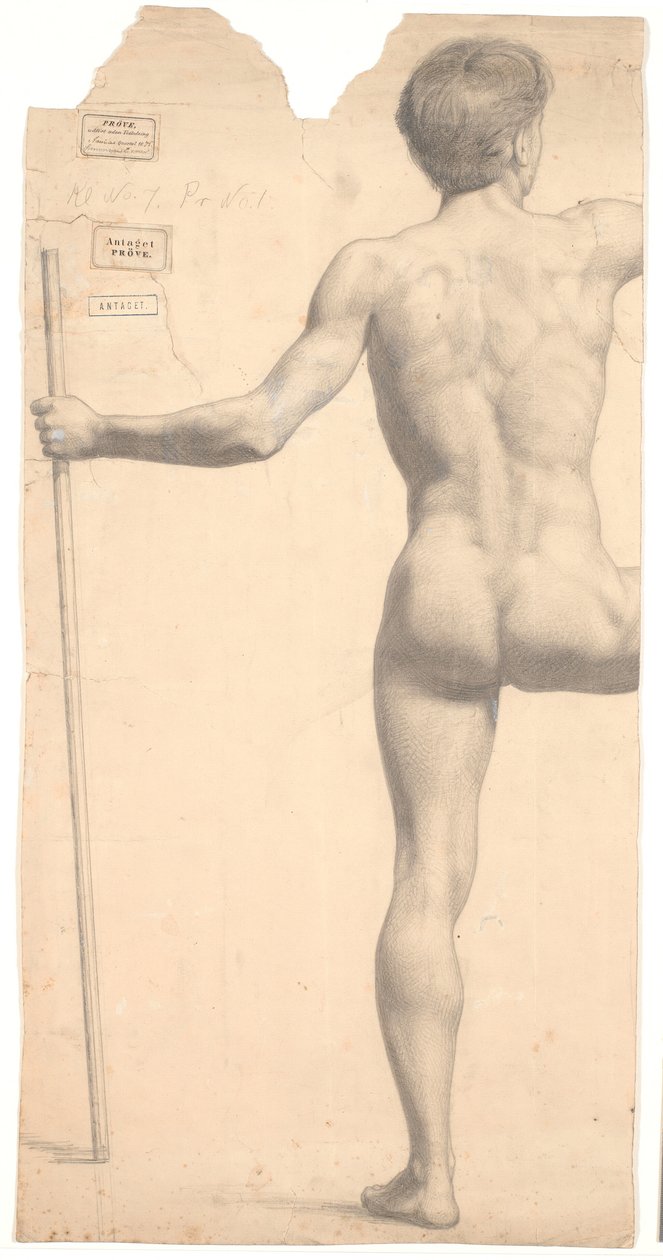 Modello maschile in piedi, visto da dietro, bastone nella mano sinistra, braccio e gamba destra tagliati da Joakim Frederik Skovgaard