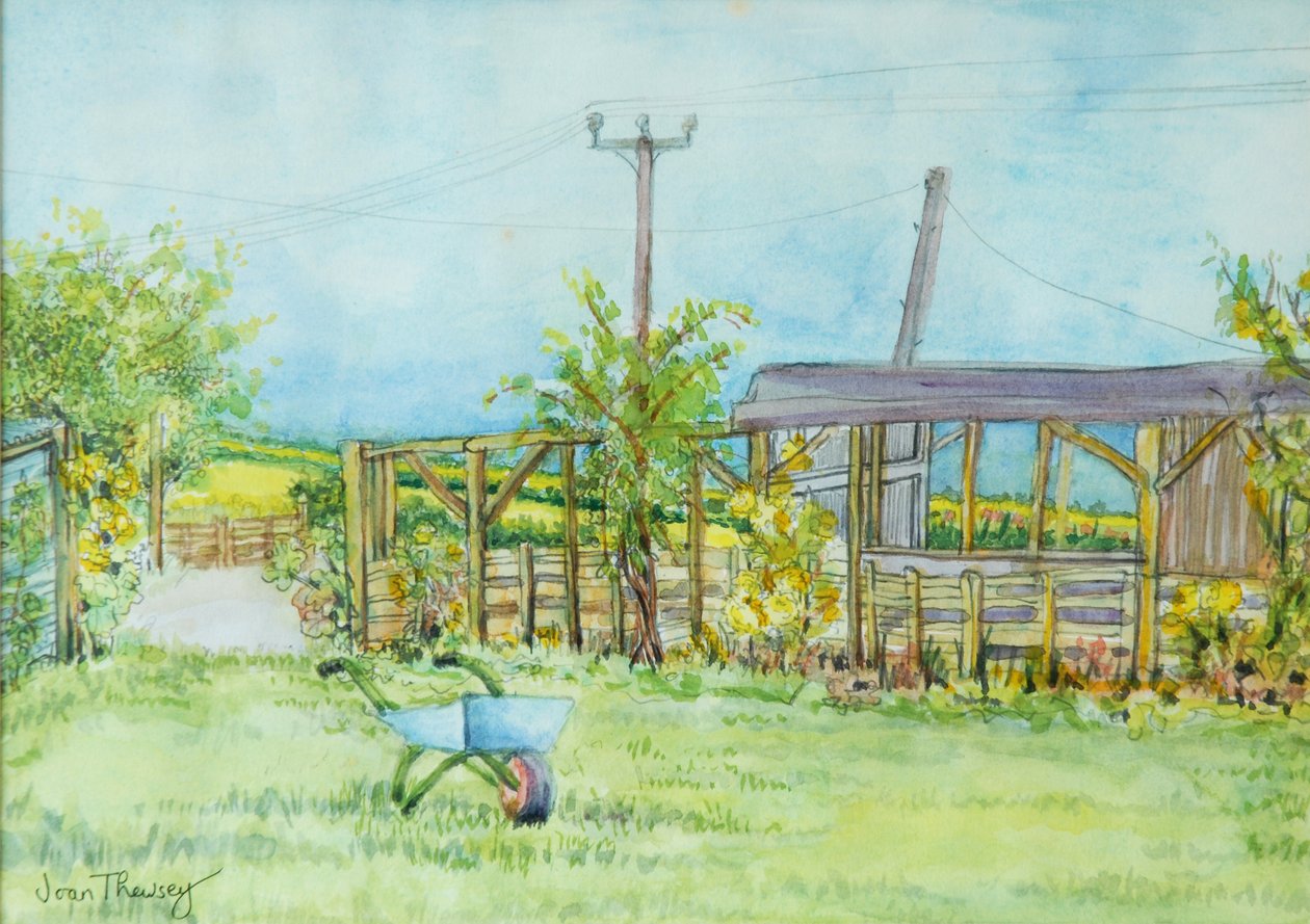 Giardino del cottage con carriola, 2011 da Joan Thewsey