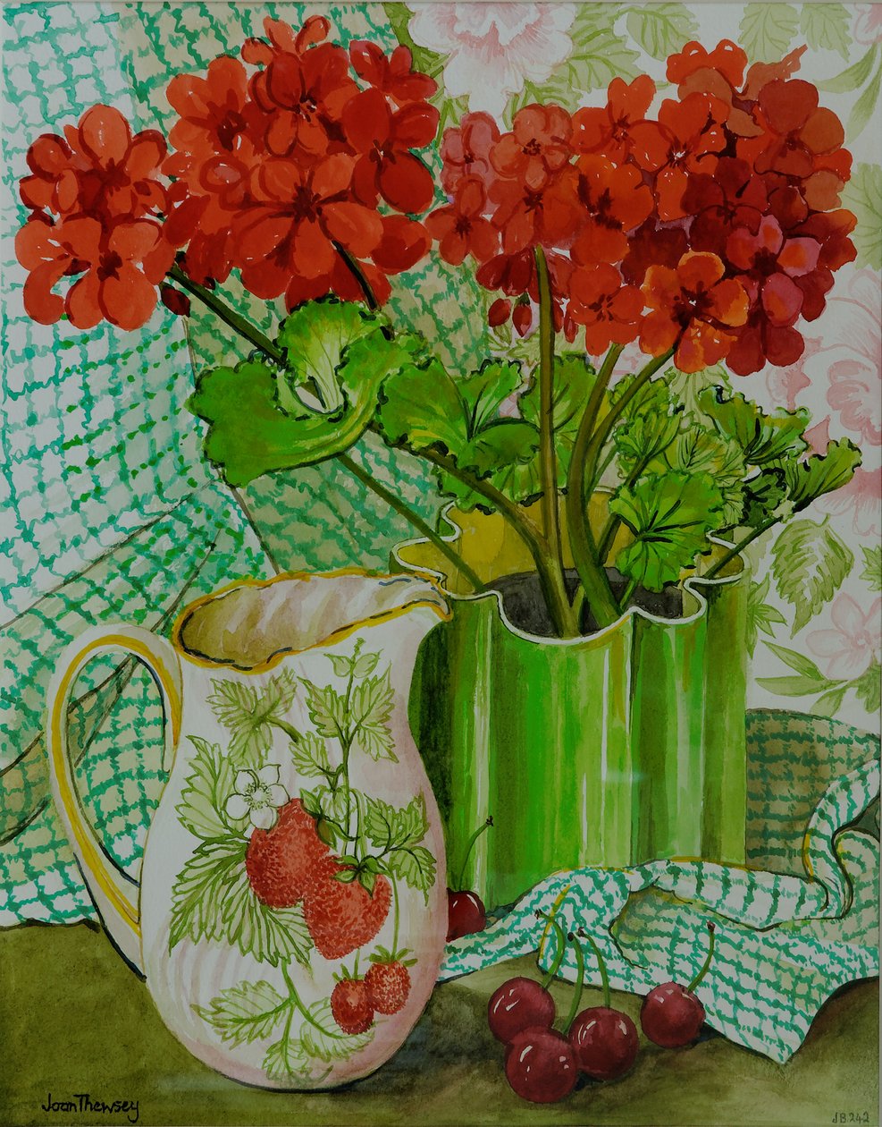 Geranio rosso con la brocca di fragole e ciliegie da Joan Thewsey