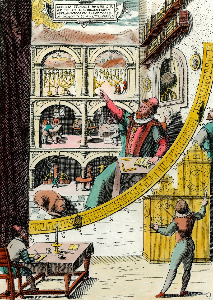 Rappresentazione di Tycho Brahe, astronomo danese nel suo osservatorio. Incisione da 