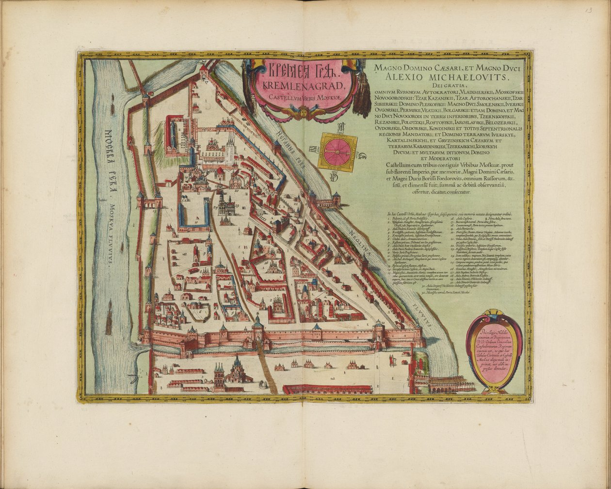 Mappa del Cremlino di Mosca del XVI secolo (Castellum Urbis Moskvae), c.1600 (incisione e acquerello) da Joan Blaeu