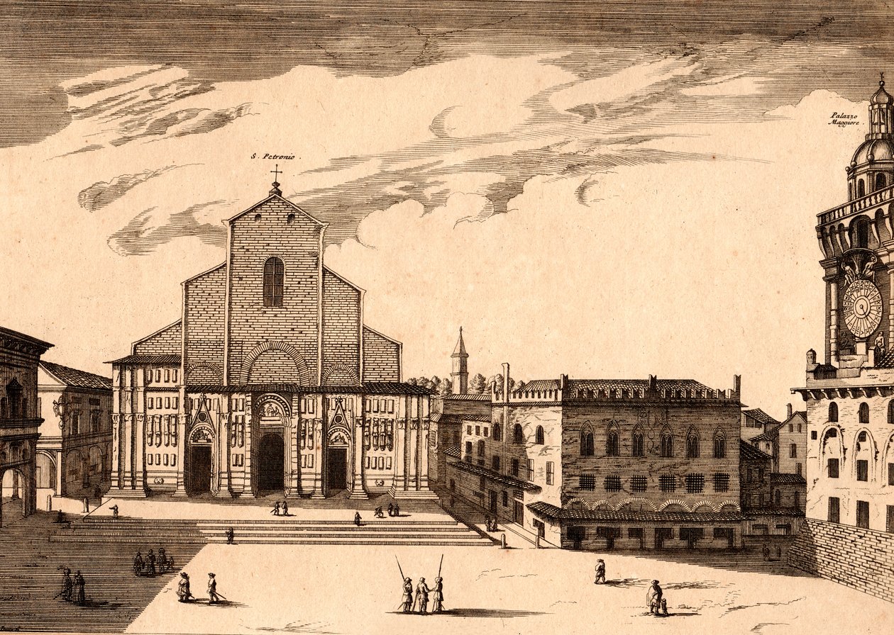 La Basilica di San Petronio in Piazza Maggiore, Bologna, Emilia-Romagna, Italia, incisione su rame, ca 21x29 cm da Joan Blaeu
