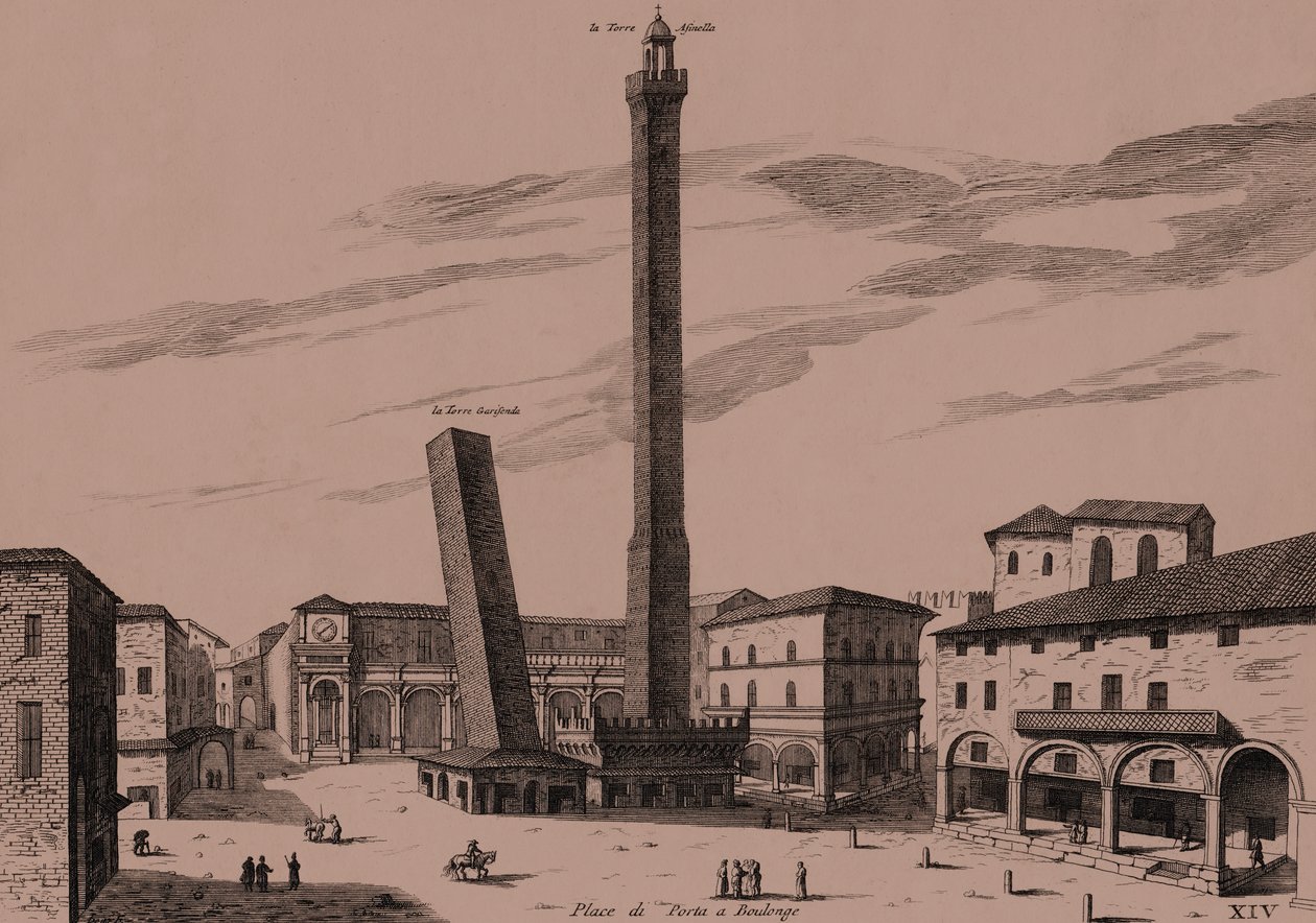 Le due torri (Asinelli e Garisenda), Bologna, Emilia-Romagna, Italia, incisione su rame, ca 21x29 cm da Joan Blaeu