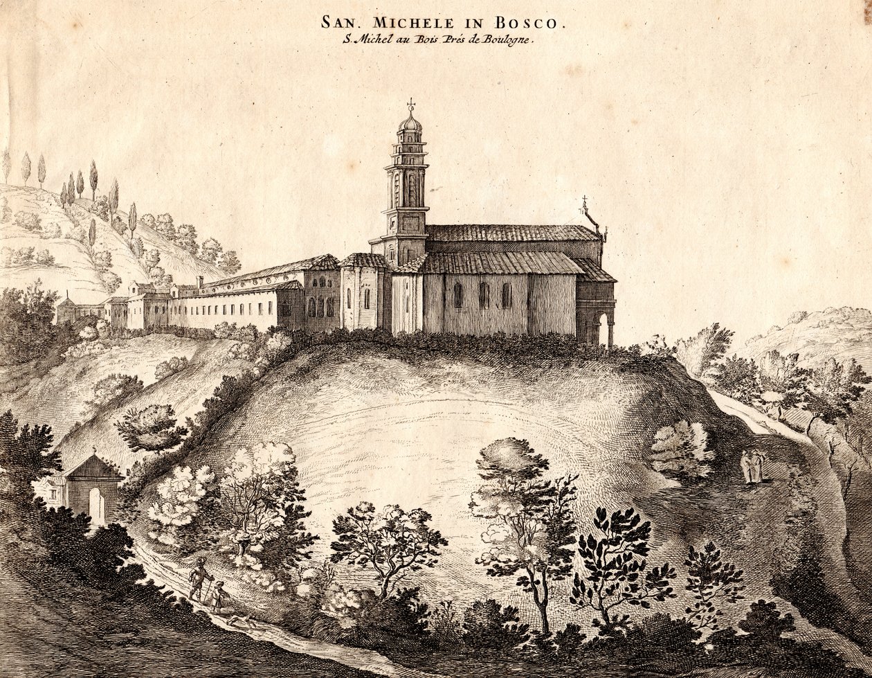 Veduta del Monastero di San Michele in Bosco, Bologna, Emilia-Romagna, Italia, incisione su rame, ca 21x29 cm da Joan Blaeu