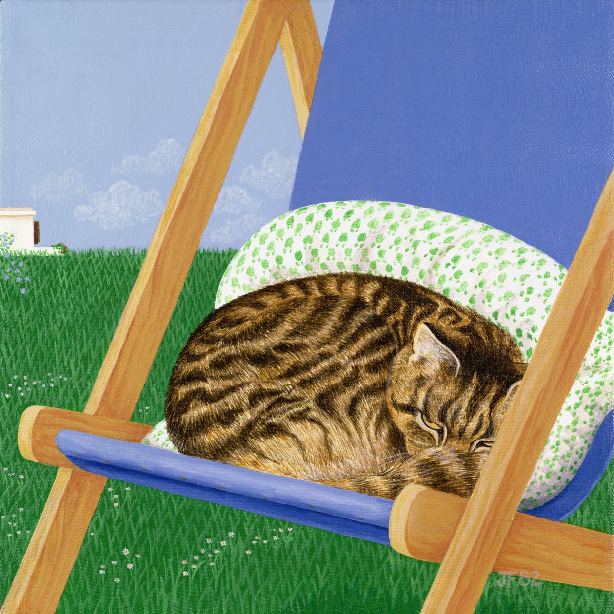 Gatto tigrato addormentato su una sedia a sdraio da Joan Freestone