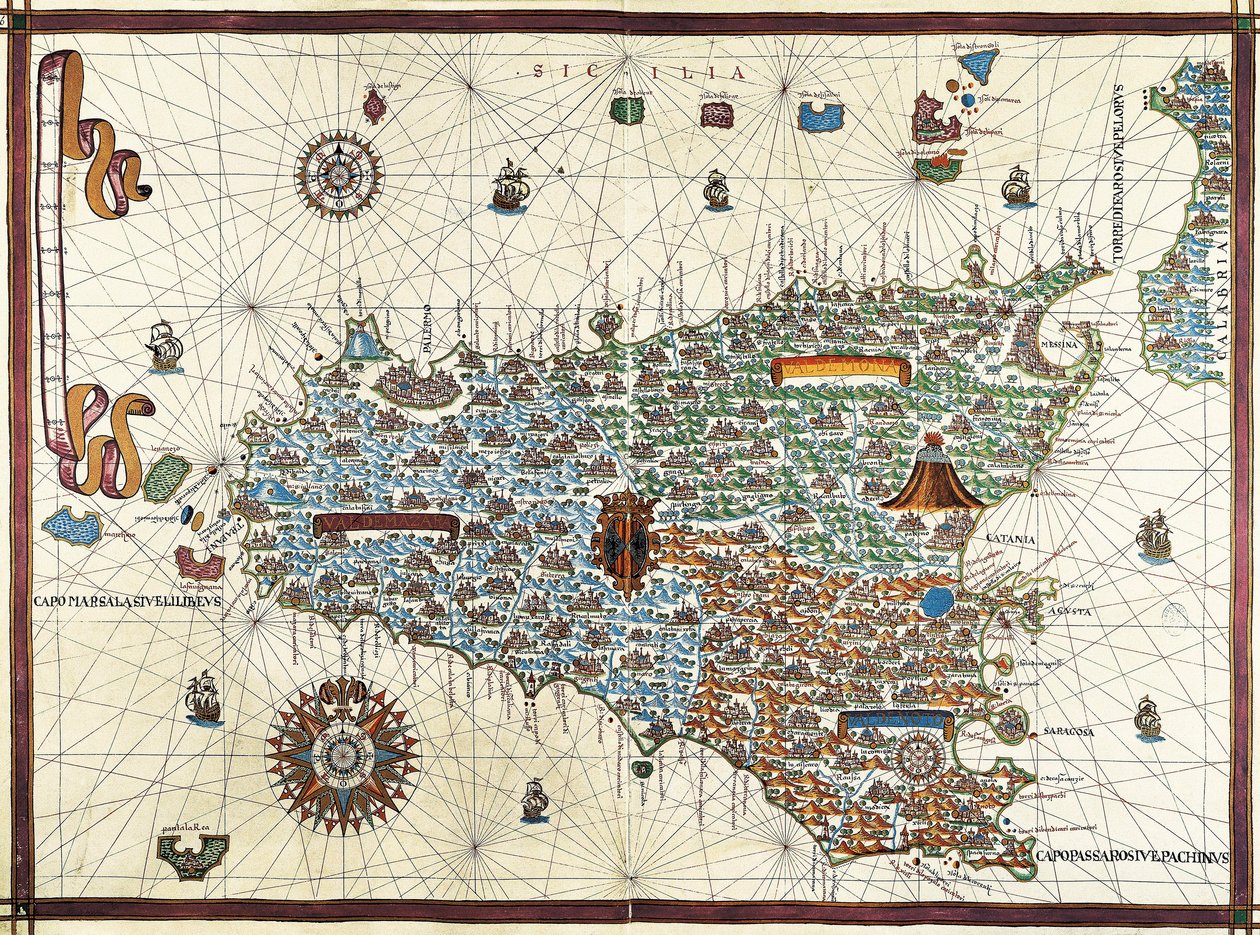 Isola di Sicilia. (Sicilia) Mappa di navigazione di Joan Martines (1556-1591) da Joan Martines