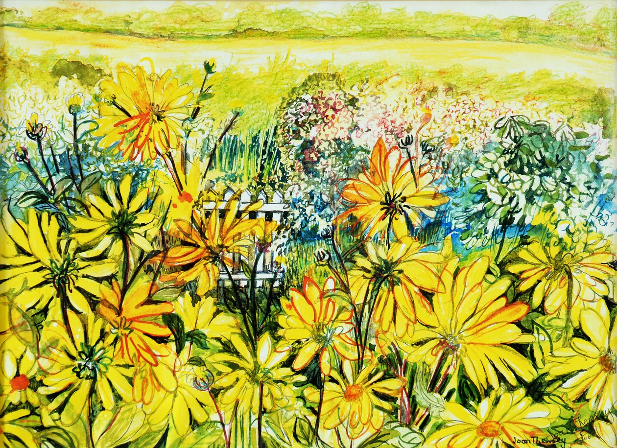 Cancello del cottage visto attraverso margherite del sole, 2005 da Joan Thewsey