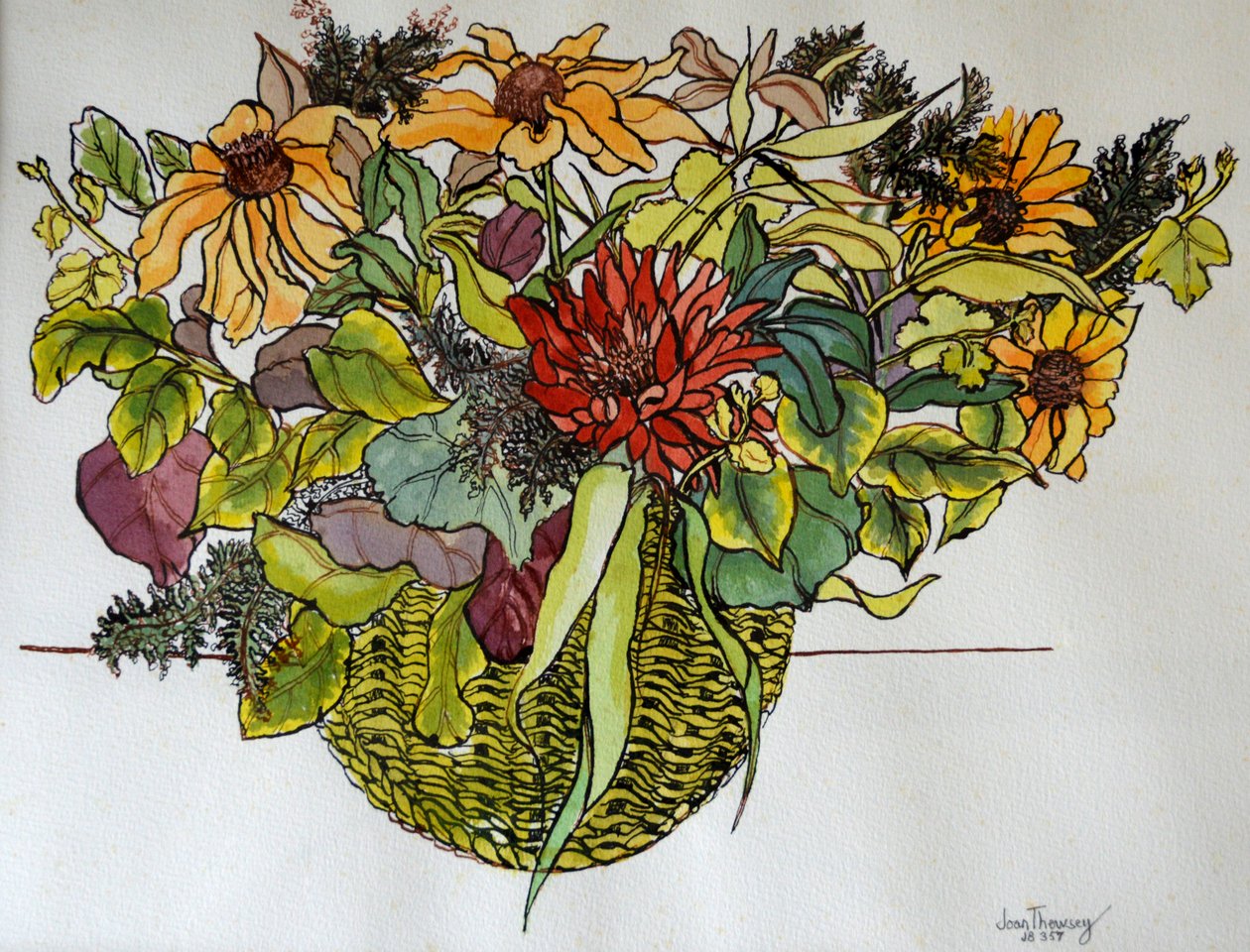 Rudbeckia con fogliame in un cesto, 2011 da Joan Thewsey