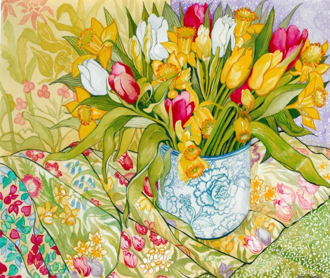 Tulipani e narcisi con tessuti decorati, 2000 da Joan Thewsey