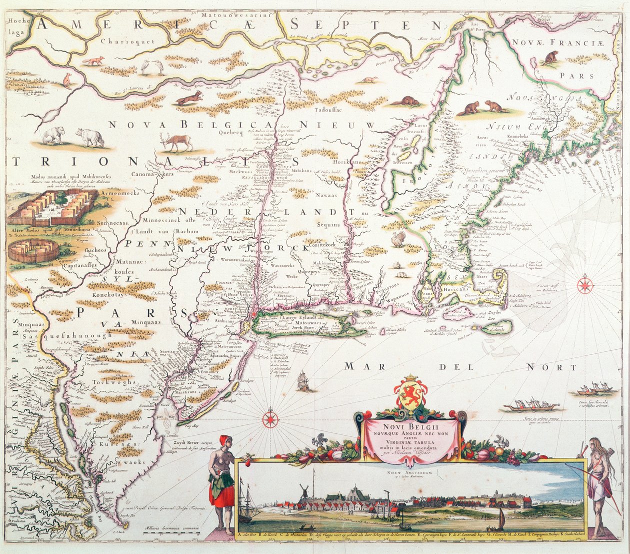 Mappa del Nuovo Belgio con una Veduta di Nuova Amsterdam, compilata da Nicolaes Visscher da Joannes Jansson
