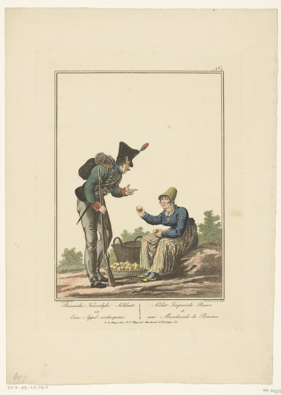 Soldato in piedi accanto a una venditrice di mele seduta (Soldato imperiale russo e una venditrice di mele) (Uniformi e costumi) da Joannes Bemme