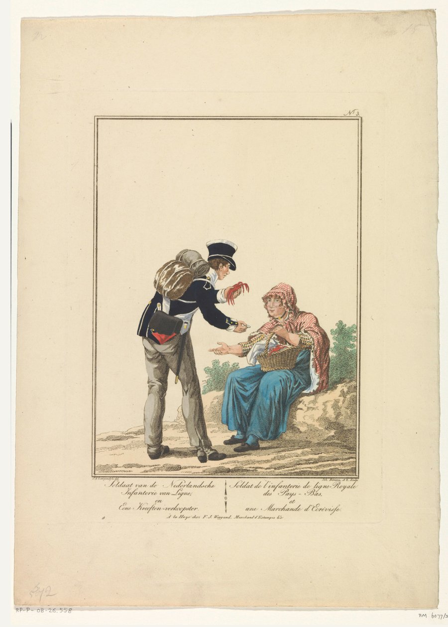 Soldato in piedi con venditrice di aragoste da Joannes Bemme