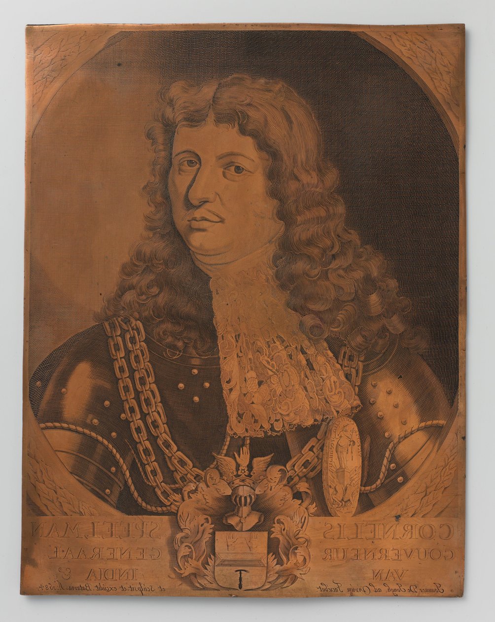 Lastra di rame incisa con ritratto (busto) di Cornelis Speelman 1640-1684, Governatore Generale delle Indie Orientali Olandesi 1681-1684 da Joannes de Jongh