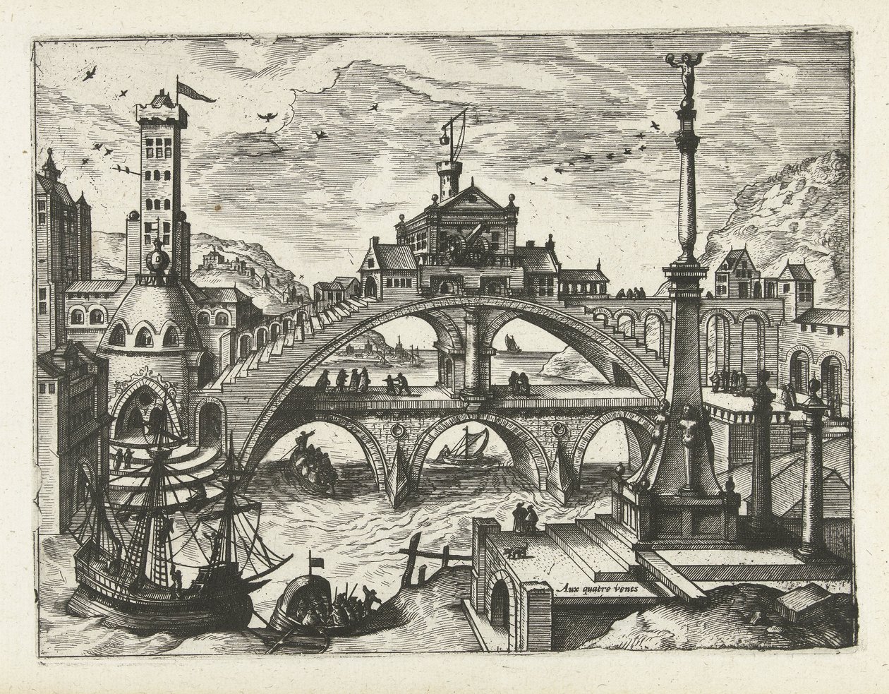 Città con ponte edificato (serie di paesaggi, vedute marine e vedute di città fantasiose) da Joannes van Doetechum (I) (attributed to)