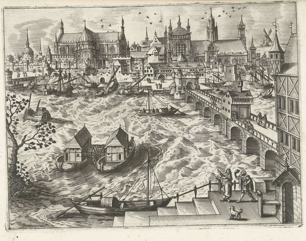 Veduta urbana con ponte e porto (serie Paesaggi, vedute marine e vedute urbane fantasiose) da Joannes van Doetechum (I) (attributed to)