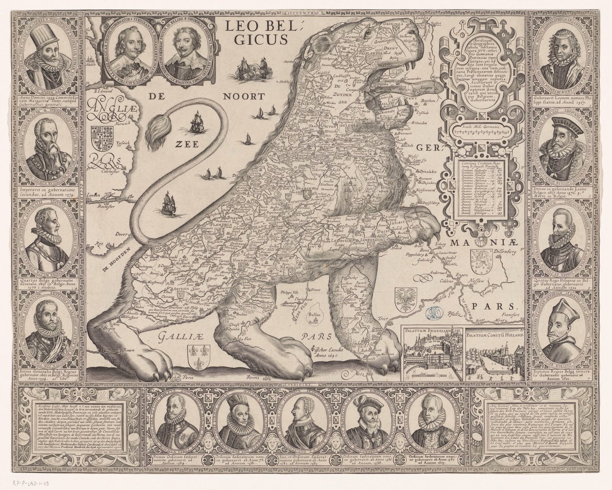 Mappa delle Diciassette Province a forma di leone olandese da Joannes van Doetechum (II)
