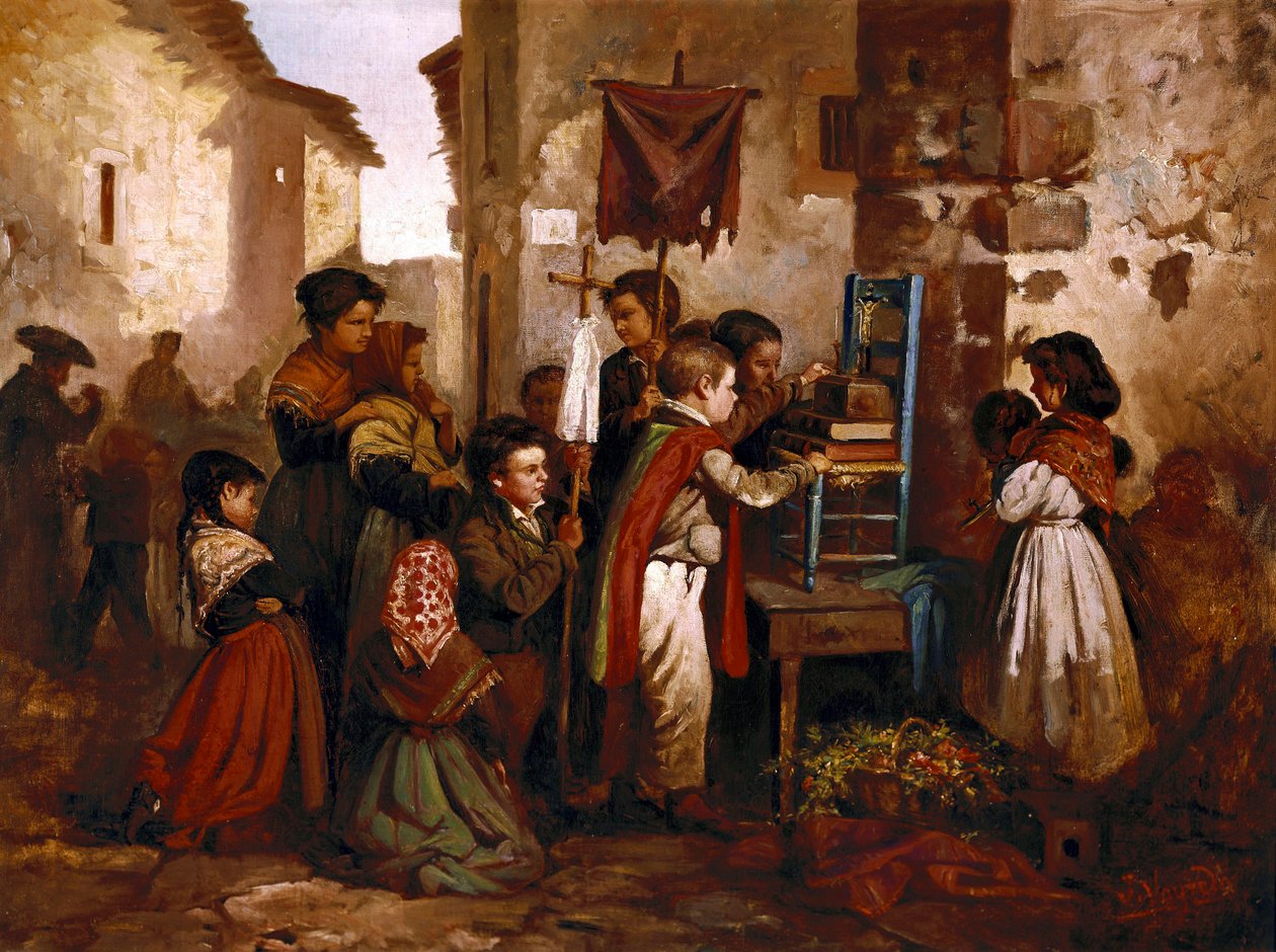 Bambini che giocano nella processione religiosa, dipinto di Joaquim Vayreda y Vila da Joaquin Vayreda