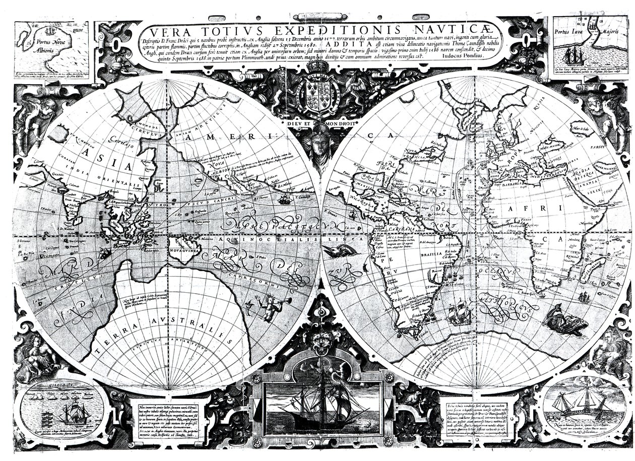 Mappa del mondo; Vera Totius Expeditionis Nauticae, circumnavigazione del globo da Sir Francis Drake (1540-96) e Thomas Cavendish (1560-92) c.1595 da Jodocus Hondius