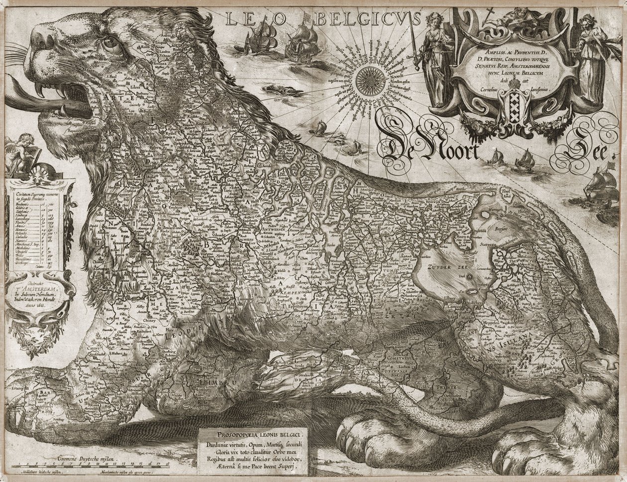 Leo Belgicus - mappa dei Paesi Bassi (1611) da Jodocus Hondius