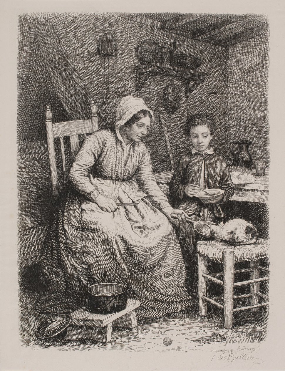 Il gatto riceve il pranzo da una donna povera. Scena domestica da Joel Ballin
