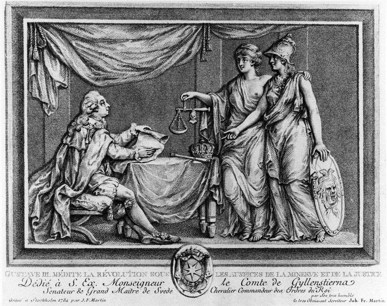 Gustavo III contempla la Rivoluzione sotto gli auspici di Minerva e Giustizia, 1784 da Johan Fredrik Martin