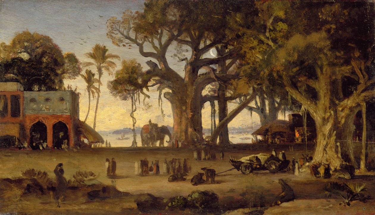 Scena al chiaro di luna con figure indiane ed elefanti tra alberi di banyan, India settentrionale (probabilmente Lucknow) da Johan Joseph Zoffany