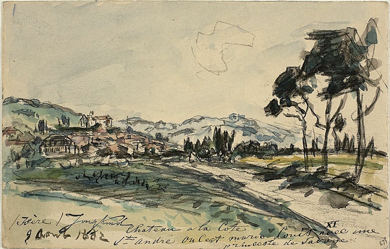 Chateau, Cote Saint Andre (recto) Carretto vuoto e capanno con altri schizzi (verso) da Johan Barthold Jongkind