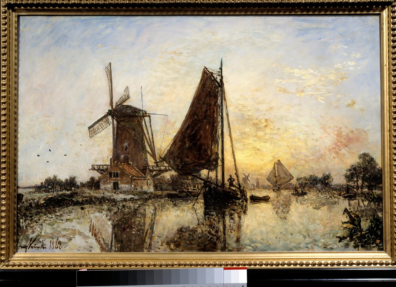 Paesaggio olandese, barche vicino al mulino da Johan Barthold Jongkind