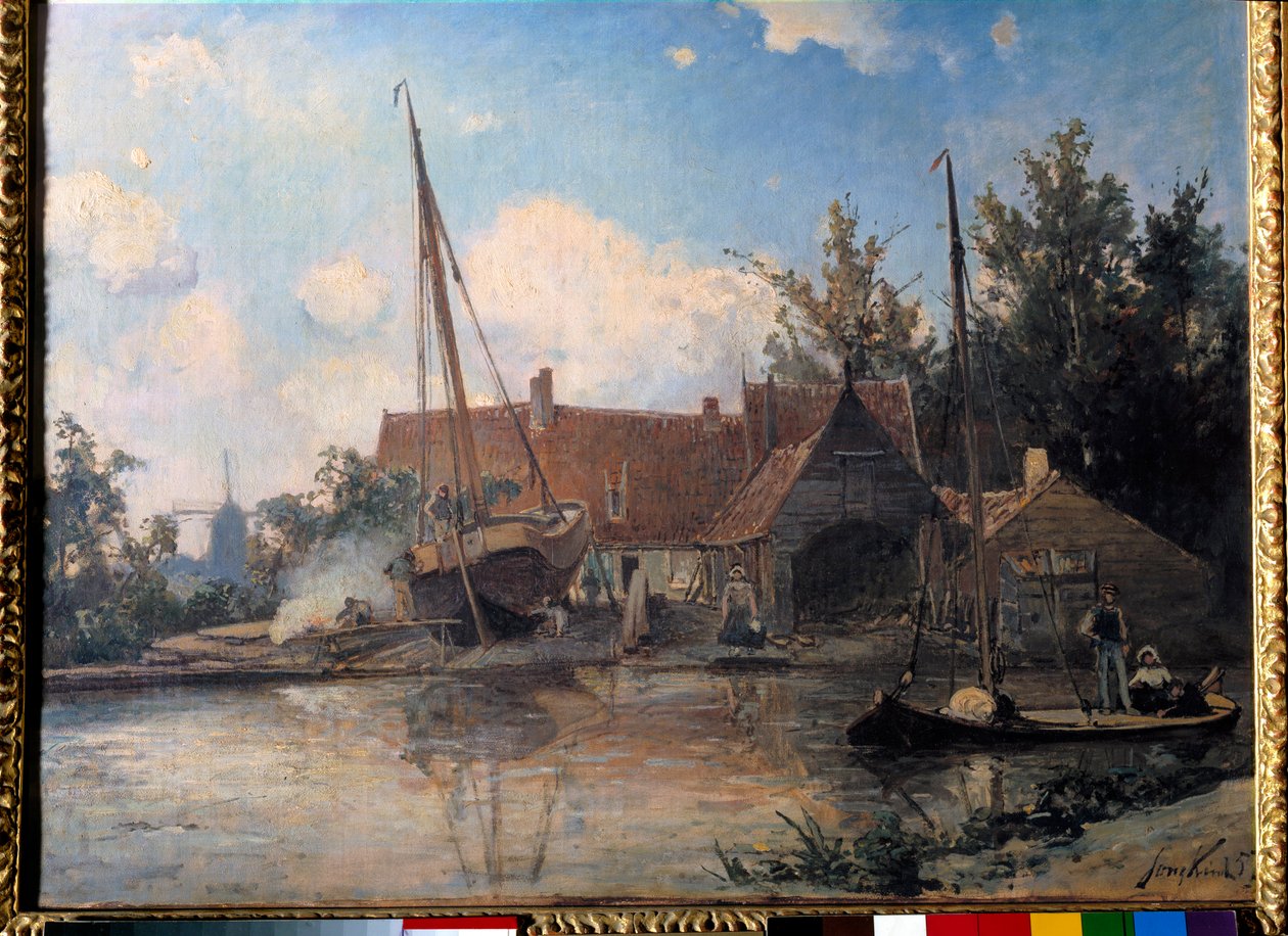 Paesaggio olandese con una grande barca in calafataggio da Johan Barthold Jongkind