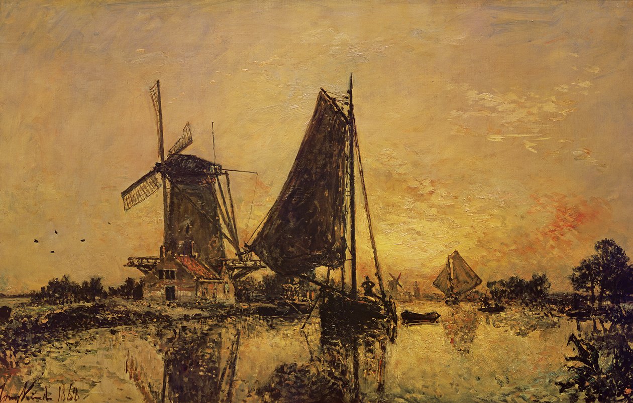 In Olanda, barche vicino a un mulino a vento, 1868 da Johan Barthold Jongkind