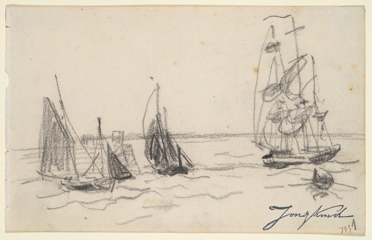 Piccole barche a vela e un tre alberi da Johan Barthold Jongkind