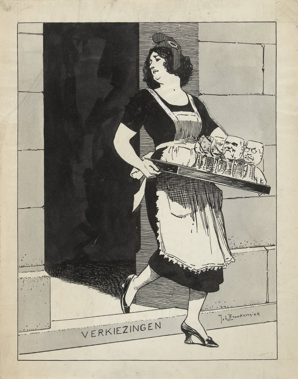Progetto per illustrazione in De Amsterdammer: La Vergine Olandese come domestica con un vassoio di bicchieri inciampa sul gradino Elezioni (17 maggio 1924) da Johan Braakensiek