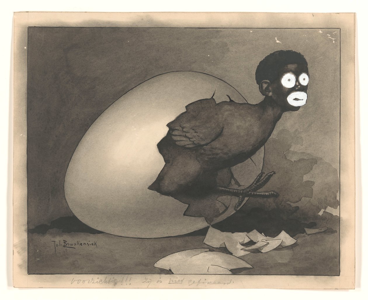 Progetto per illustrazione in De Amsterdammer: un uomo nero esce da un uovo (19 aprile 1930) da Johan Braakensiek