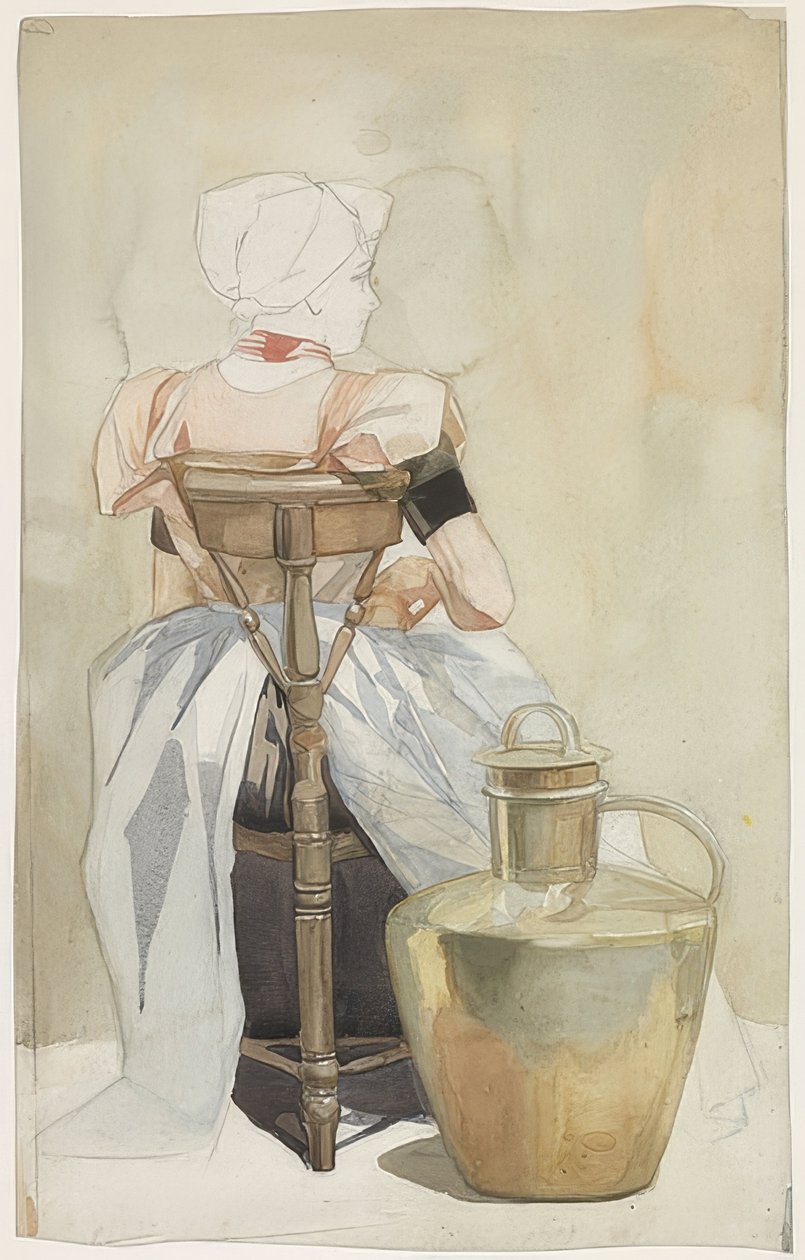 Ragazza seduta in costume tradizionale, vista di schiena da Johan Braakensiek