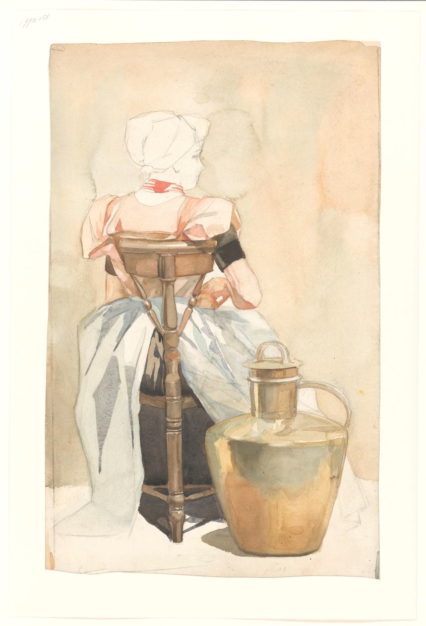 Ragazza seduta in costume tradizionale, vista di schiena da Johan Braakensiek
