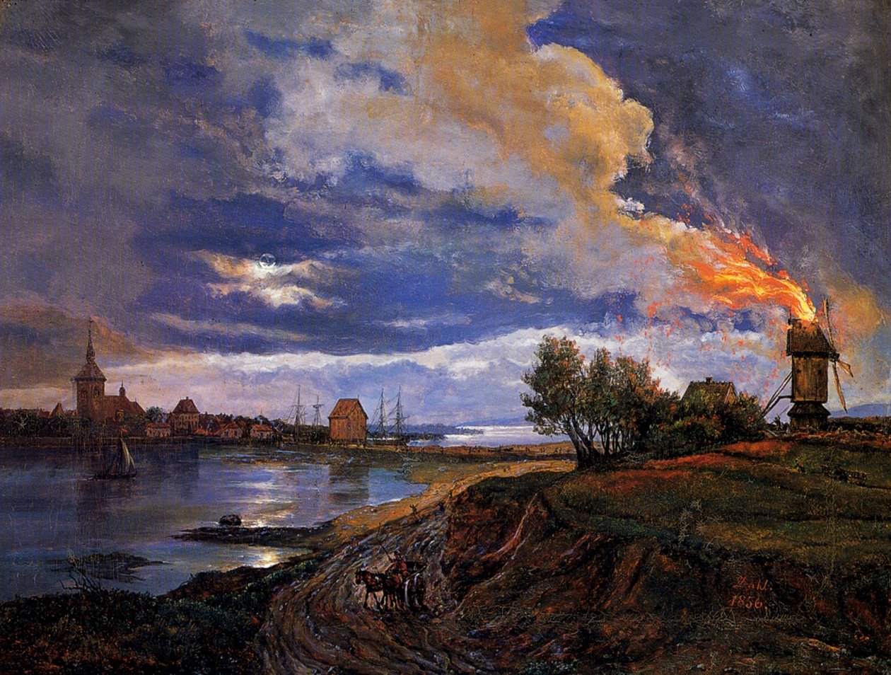 Mulino a vento in fiamme a Stege da Johan Christian Dahl