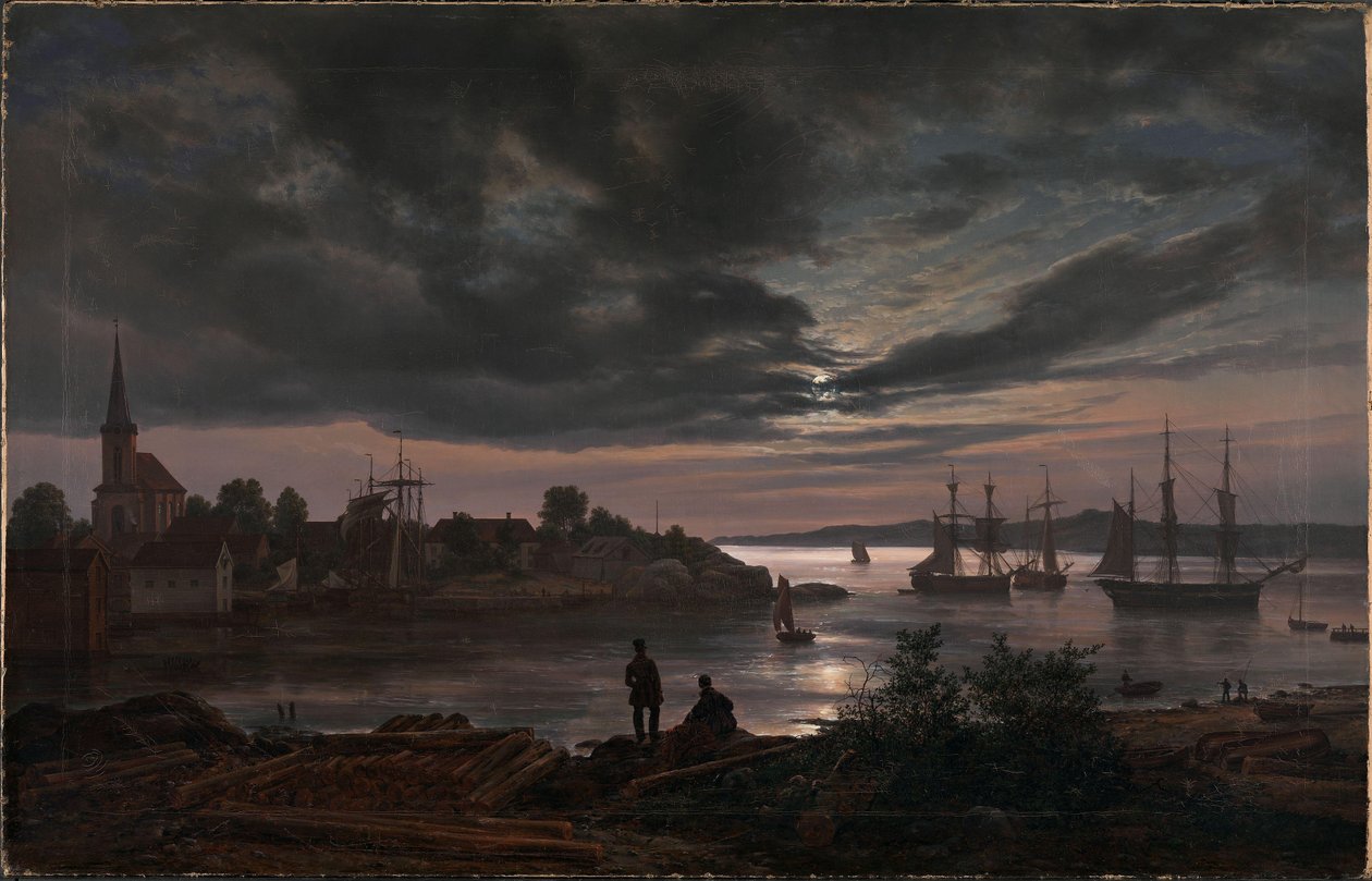Norvegese:  Porto di Larvik al chiaro di luna Larvik al chiaro di luna da Johan Christian Dahl