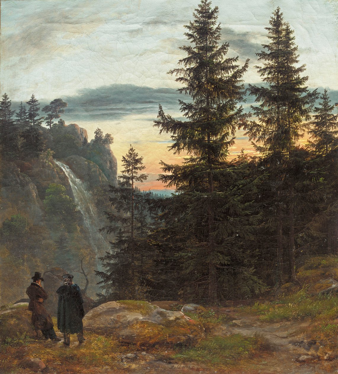 Due uomini davanti a una cascata al tramonto da Johan Christian Dahl
