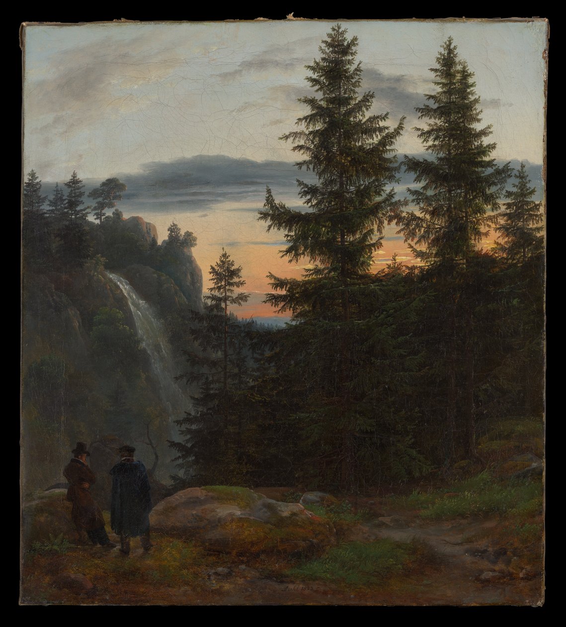 Due uomini davanti a una cascata al tramonto da Johan Christian Dahl