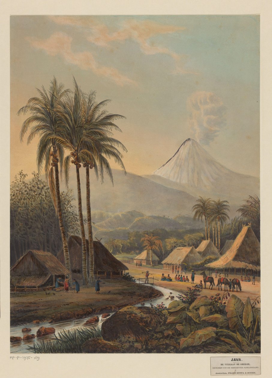 Veduta di un villaggio e del vulcano Semeru a Giava da Johan Conrad Greive