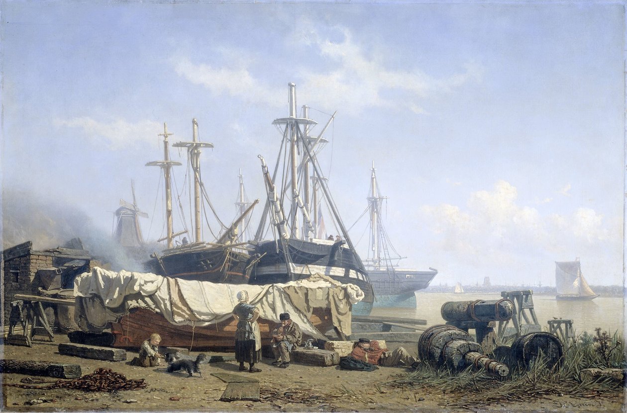 Pausa di mezzogiorno in un cantiere navale sul Maas da Johan Conrad Greive